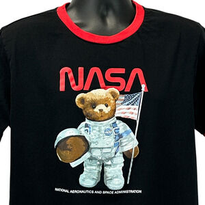 NASA Space Bear Ringer T Shirt Mens L Large Black Short Sleeve Navy Yard